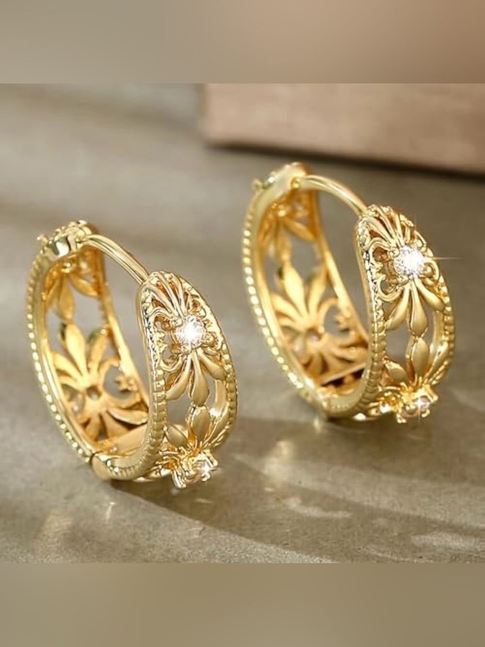 Gold Plated White Cubic Zirconia Floral Hoop Earrings